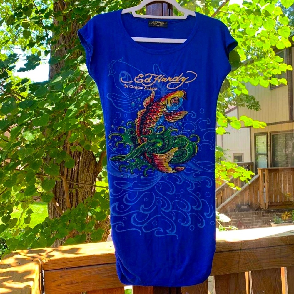 The most gorgeous deep sky blue bedazzled dress shirt sleeve Ed Hardy dress ever